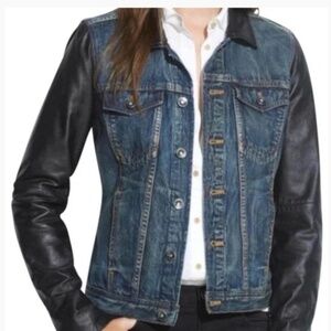 NWOT Madewell X Veda Denim Black Leather Sleeve Collar Trucker Jacket SZ…